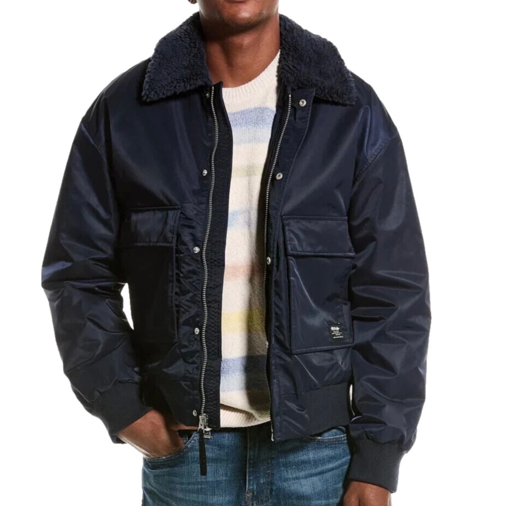 HUDSON Jeans Water Repellent Faux Shearling Collar Bomber Jacket MED. Black $238